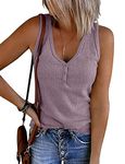 Famulily Ladies Summer Knit Sleeveless V Neck Tank Tops Women’s Plain Henley Shirt Cami with Buttons Down(Purple,M)