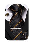 Hi-Tie Classic Mens Silk Ties Set 4 PCS Necktie Pocket Square Cufflinks Clip Pin Solid Strip Paisley Tie,Black Gold