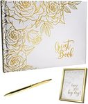 Global Printed Products Deluxe Wedding Guest Book, White and Gold Foil Hardcover, Gilded Edges, Includes Pen and Picture Frame, Rose or Lace