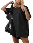 Ekouaer Summer Rompers for Women 2025 Short Sleeve Oversized Reversible Baggy T-shirt Romper Jumpsuit Outfits with Pockets Black M