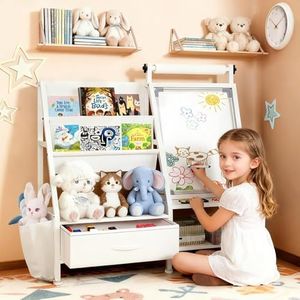 Faesun 4-in-1 Art Easel for Toddlers with Bookshelf and Toy Organizer, Kids Drawing Easel with Paper Roll & Magnetic Whiteboard, Birthday Gift for Ages 2–8, Boys & Girls