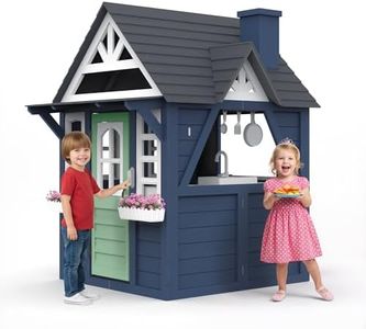 YOFE Wooden Playhouse Outdoor for Kids, Kids Outdoor Play House Playset with Play Kitchen, Working Doorbell, Chalkboard, Pet Door & Flower Boxes - Backyard Cottage for Boys Girls Ages 3-8, Blue