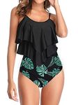 OAMENXI Swimsuit for Women Top Ruffled High Waist Swimwear Two Pieces Bathing Suits Bikini Sets Swimming Costume (Topblackleaf, L)