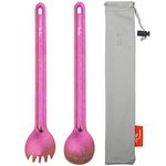 TiTo 2Pcs Titanium Spork Ultralight Long Handle Spoon Fork Portabale Tableware for Outdoor Camping & Hiking Backpacking Flateware with Bag (Bright Rose)