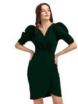 Sheetal Associates Women's Puff Sleeve V-Neck Bodycon Casual Mini Dress Green