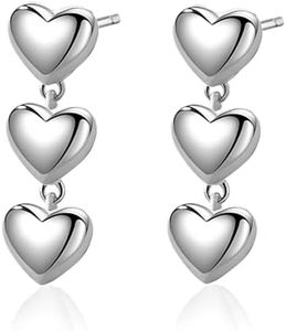 Triple Silver Love Heart Tandem Earrings Lightweight Her Dangle Earrings S925 Anti-allergic Fashionable Jewelry Christmas Gift for Women 1.6inch Valentine Gift for Her