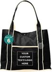 DISCOUNT PROMOS Custom Polyester Fashion Tote Bags Set of 6, Personalized Bulk Pack - Convenient, Reinforced Straps, Snap Button, Everyday Use - Black