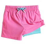 MaaMgic Boys Swim Trunks with Compression Liner Toddler Stretch Quick Dry Swim Shorts Quick Dry 2 in 1 Beach Shorts,Pink+Lake Blue,Large(14/16)