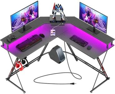 SEVEN WARRIOR Wood Gaming Desk 50.4" With Led Lights & Power Outlets, L-Shaped Gaming Desk Carbon Fiber Surface With Monitor Stand, Ergonomic Gamer Table With Cup Holder, Headphone Hook, Black