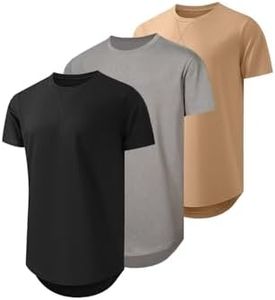 JMIERR Men's 3 Pack Cotton Hipster Hip Hop Longline Crewneck T-Shirt, Short Sleeve Gym Workout Athletic T Shirts for Men Pack,2XL, Black/Dark Grey/Khaki