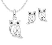 Sterling Silver Owl Necklace and Earring set - 16" silver chain. Black Cubic Zirconia owl pendant & earrings - SIZES: 14mm x 8mm & 10mm x 6mm. Gift boxed. 8239SET/B53