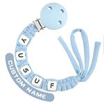 Dummy Clips Personalised Name for Boys Girls Customized Soother Chain Holder Handmade Braided Fits All Pacifiers(Light Blue)