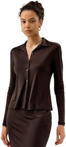 LilySilk 100% Silk Jersey Shirt for Women Basic Slim Silk Knit Stretchable Long Sleeve Button Front Cocoa Brown Small