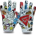 Grav8y Doodle Football Gloves - Multicolour Doodle Design Football Gloves- Tacky Grip Skin Tight Football Gloves - Pro Elite Super Sticky Receiver Football Gloves - Adult & Youth Sizes (Youth (M-L))