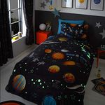 Happy Linen Company Boys Girls Kids Planets Space Rockets Glow In The Dark Navy Blue Single Duvet Cover Bedding Set