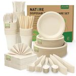 FEHHTO 400PCS Disposable Paper Plates Set, Compostable Eco-Friendly Dinnerware Set, Biodegradable Heavy-Duty Paper Plates, Utensils, Cups and Straws for Party Camping 50 People