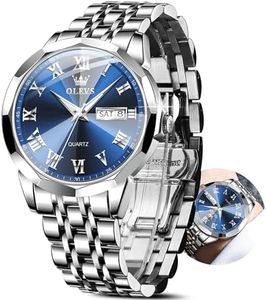 OLEVS Silver Watch Men Blue Face Stainless Steel Big Face Silver Wrist Watches for Men Waterproof Analog Classic Men's Watch with Day Date Mens Dress Watches Fashion Reloj De Hombre Easy to Read