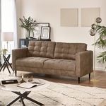 Furniturebox UK Joni 3 Seater Brown Faux Leather Sofa -Upholstered Modern Brown Leather Fabric Sofa with Black Wooden Tapered Legs - Square Stitching - Stylish & Contemporary Living Room Furniture