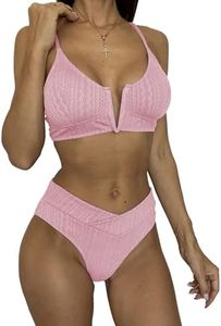 HYTENSUN Women's V Cut High Waisted Bikini Ribbed V-Wired Cami Two Pieces Swimsuit Pink