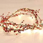 Rhytsing Red Berry Branch Pre-lit Christmas Garland with 30LED Lights, Battery Operated Fairy String Lights with Timer Function for Christmas Mantle Decoration - 5.9FT - 1.8M