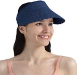SUN CUBE Women Sun Visor Hat, Straw Beach Hat Wide Brim Visor UV Protection, Foldable Packable Cap, Roll Up Ponytail Large Sunhat, Summer Travel Golf Visor Pool Garden Fishing, UPF 50+, Navy Blue
