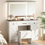 YITAHOME Vanity Desk, Makeup Station with Light-Controlled Mirror, Concealed Compartments, Drawers, Cabinets, and Adjustable Shelving, Modern Dressing Desk with Complementary Stool