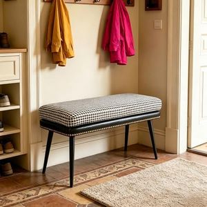 Forteek Retro Entryway Bench with Nailhead Trim, Leather & Fabric Upholstered Shoe Bench, Hallway Seating, Versatile End of Bed Bench for Bedroom, Living Room, Mudroom (Pattern Cushion)