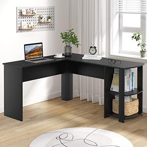 Ufurniture L-Shaped Corner Computer Desk Home Office Desk Study Table Workstation Writing Large L Shaped Desk with 2 Storage Shelves (Black)