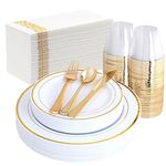 175 Piece White and Gold Party Supplies, Disposable Party Dinnerware Sets with Gold Rim Plastic Plates Cups Napkins Cutlery for Party, Wedding, Birthday (Gold)