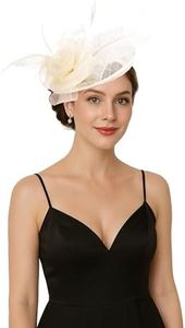 Litter Star Women Fascinators Hat Elegant Mesh Feather Headband with Clip Kentucky Derby Hat for Tea Party Cocktail Events (Sinamay-Beige)