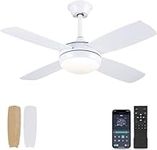 Asyko 42" Ceiling Fans with Lights, White Modern Ceiling Fan with Remote and APP Control, 6 Speed and Memory Function, Low Profile Ceiling Fan Light for Bedroom, Living Room, Dinning Room