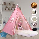 Teepee Tent for Kids with Inflatable Airbed, String Lights, Balloons, Pump, Washable Slumber Party Tent Indoor Outdoor for Girls Boys, Children Tipi Playhouse for Playtime and Sleepover, Pink