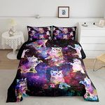 Galaxy Unicorn Comforter Set Kids Cute Unicorn Cats Bedding Set for Boys Girls Fairy Cartoon Animal Comforter Stars Rainbow Cats Decor Quilt Set Room Decor 3Pcs Full Size