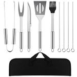 FSFTTRAD BBQ Grill Stainless Steel Tool Set of 9 Pcs,Outdoor Camping Grill Set with Stainless Steel Spatula,Tong,Fork,Grill Brush,Skewer,Knife- Silver