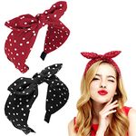 Polka Dot Headband,2Pcs Bow Tie Knotted Hair Bands,Wide Band Cloth Hair Hoop Bunny Ear Headwrap Hair Accessories for Women Girls (Black Red Polka Dot)