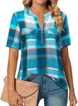 Bulotus Blouses for Women Business Casual, Plaid Shirts for Women Short Sleeve Zip Front V Neck Summer Blouses Fashion 2023 Work Tops for Office Dressy, Light Blue Plaid, XXL
