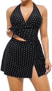 Popilush Tankini Swimsuits for Women Two Piece Tummy Control Bathing Suits with Skirt Halter Ruched Shapewear Swimwear Polka Dot