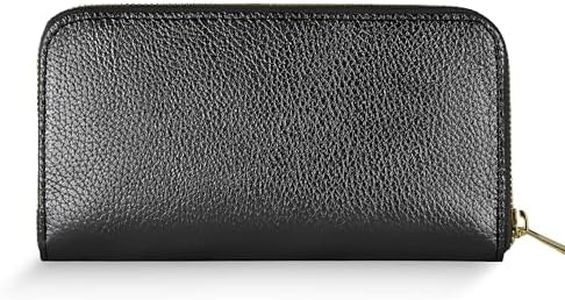 TAKEASY Italian Genuine Metallic Leather Wallet for Women with 3 Compartments & Zip Close | Small Rectangular Card Holder (Black)