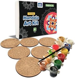 Mini Leaves Wooden Mandala BeginnerPaint Kit Tea Coasters Art and Craft Kit, Colours, Painting Brush for Girls Boys 9-12 Years Coaster DIY Kit Set of 6- Size: 10 x 10 CM