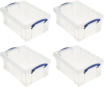 Really Useful Box Stackable 9 Liter Plastic Storage Container Bin with Snap Lid and Built-In Clip Lock Handles for Home & Office Organization (4 Pack)