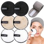 KEYRI 7 Pack Makeup Remover Pads Reusable Make Up Pads with Spa Headbands Large Double Sided Face Pads Washable Facial Towel Microfibre Cotton Face Eyes Cleansing Cloths for All Skin Type (7 Pieces)