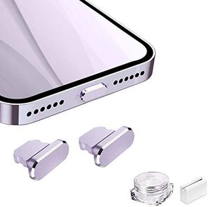 VIWIEU Metal Anti Dust Plug Compatible with iPhone 14 13 12 11 X XS XR 8 7 SE Mini Plus Pro Max iPad AirPods, 2 Pack Lightning Charging Port Cover Protectors with Plug Holder and Carry Box (Purple)