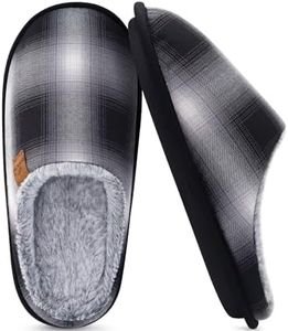COFACE Mens Black Grey Flano Plaid Cozy Memory Foam scuff Slippers Slip On Warm House Shoes Indoor/Outdoor With Best Arch Support Size 10