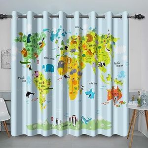 Baocicco Kid World Map Blackout Window Curtains for Bedroom Toddlers Funny Geography Educational Window Drapes Kids Cartoon Animals Continents Oceans World Map Grommets Curtain 2 Panels 42x63 Inch