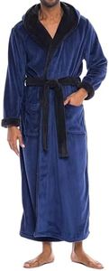 Alexander Del Rossa Mens Robe with Hood, Plush Fleece Hooded Mens Bathrobe, Big and Tall Bath Robe for Men, Navy Blue With Black, Large