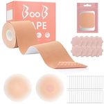 Antmoilios Boob Tape Breast Lift Tape, Breathable Boobytape for Large Breasts A-G Cup, w 1 Body Tape, 5 Pairs Satin Breast Petals, 2 Pcs Silicone Breast Reusable Adhesive Bra, 36 Pcs Double Sided Tape, Beige, Large