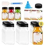 12pcs 4oz Mini Plastic Juice Bottles with Caps for Juicing & Smoothies, Reusable Empty Clear Bottles with Label, Funnel and Brush, Bulk Beverage Drink Containers with Lids for Mini Fridge, Milk, Water