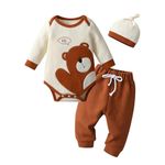 Awxoder Baby Boys Clothes Bear Print Long Sleeve Tops + Pants 3Pcs Outfit Set, Beige, 0-3 Months