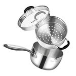 SLOTTET Tri-Ply Whole-Clad Stainless Steel Saucepan with Steamer,2.5 Qt Small Multipurpose Pot with Pour Spout,Strainer Glass Lid, 2 Quart Sauce Pan for Cooking with Stay-cool Handle.