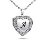 KunBead Jewelry Heart Love Crystal Girls Locket Necklace for Pictures Nice Name Letter A Initial Necklace Silver